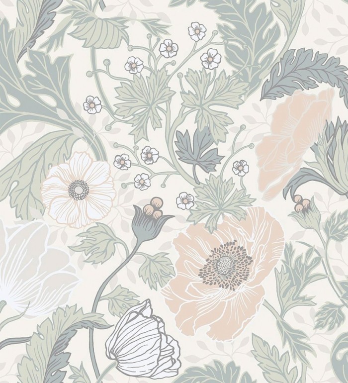 Papel pintado flores de peonías y hojas fondo beige - Romina Flowers 681813