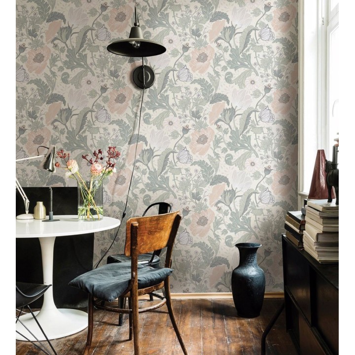 Papel pintado flores de peonías y hojas fondo beige - Romina Flowers 681813