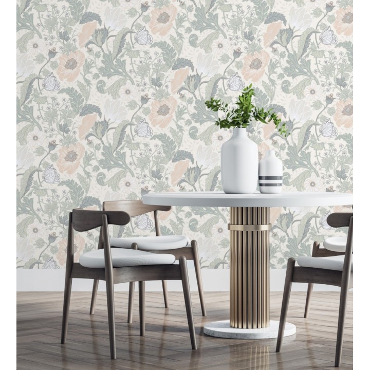 Papel pintado flores de peonías y hojas fondo beige - Romina Flowers 681813