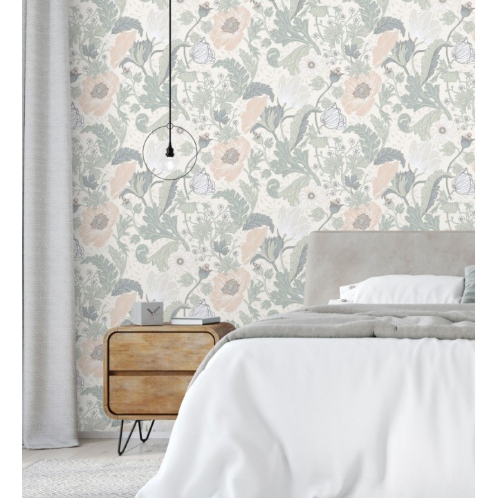 Papel pintado flores de peonías y hojas fondo beige - Romina Flowers 681813