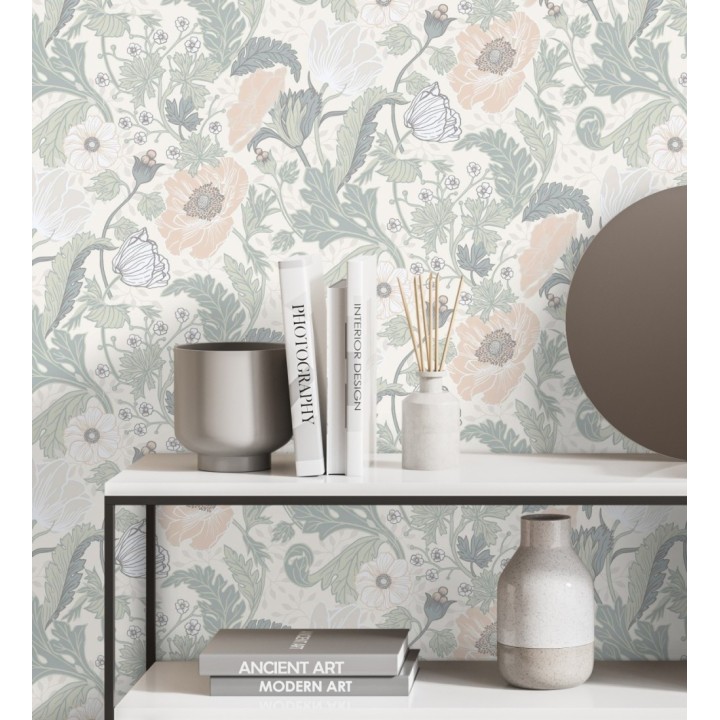 Papel pintado flores de peonías y hojas fondo beige - Romina Flowers 681813