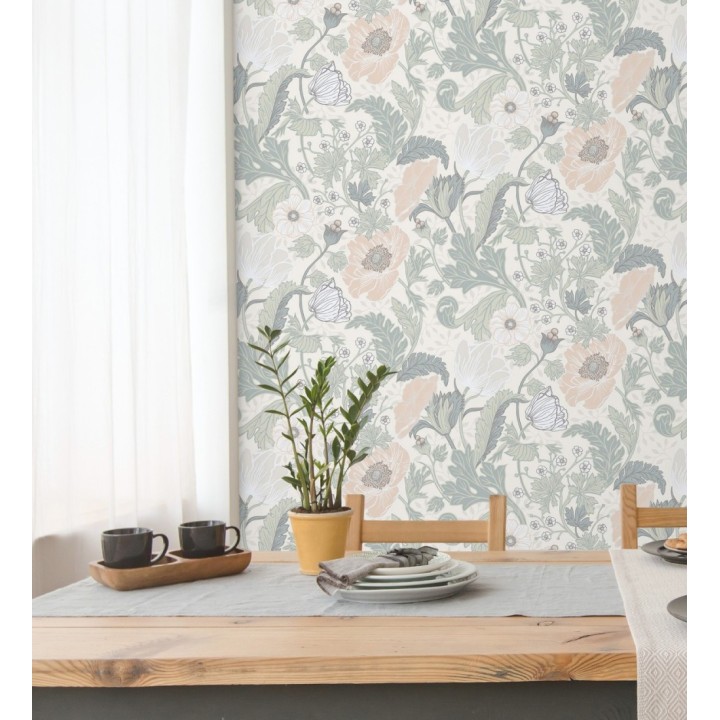 Papel pintado flores de peonías y hojas fondo beige - Romina Flowers 681813