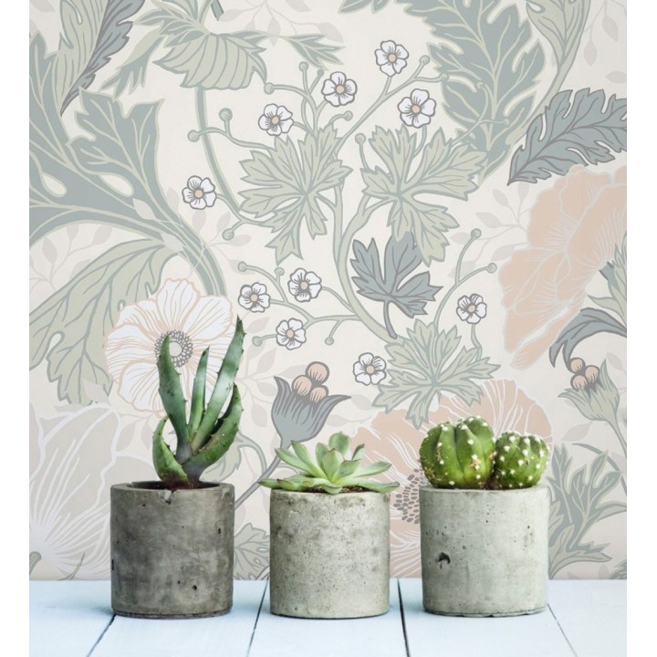 Papel pintado flores de peonías y hojas fondo beige - Romina Flowers 681813