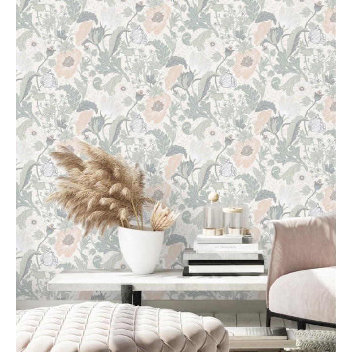 Papel pintado flores de peonías y hojas fondo beige - Romina Flowers 681813