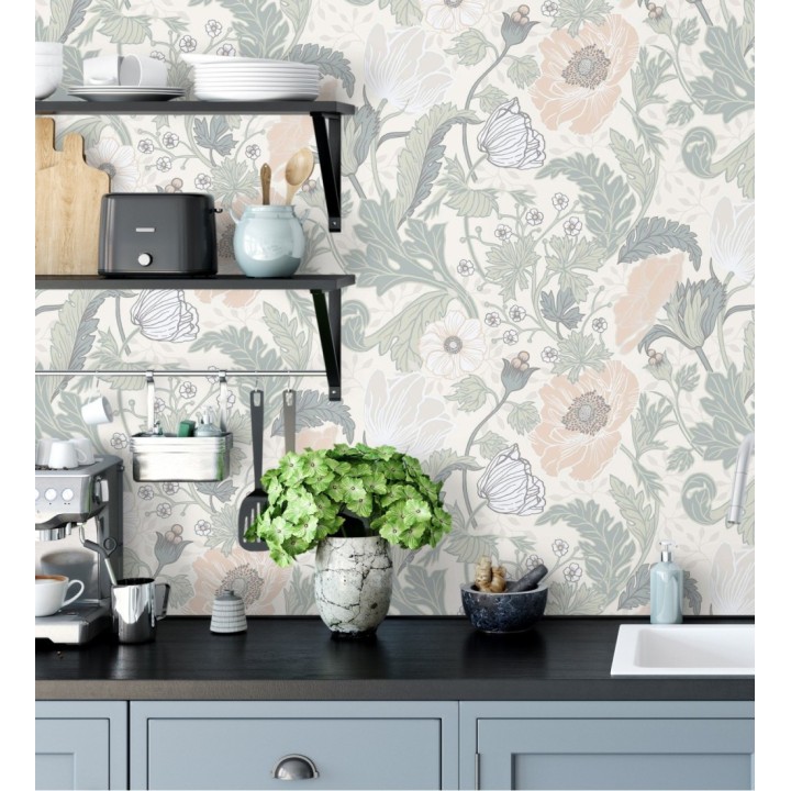 Papel pintado flores de peonías y hojas fondo beige - Romina Flowers 681813