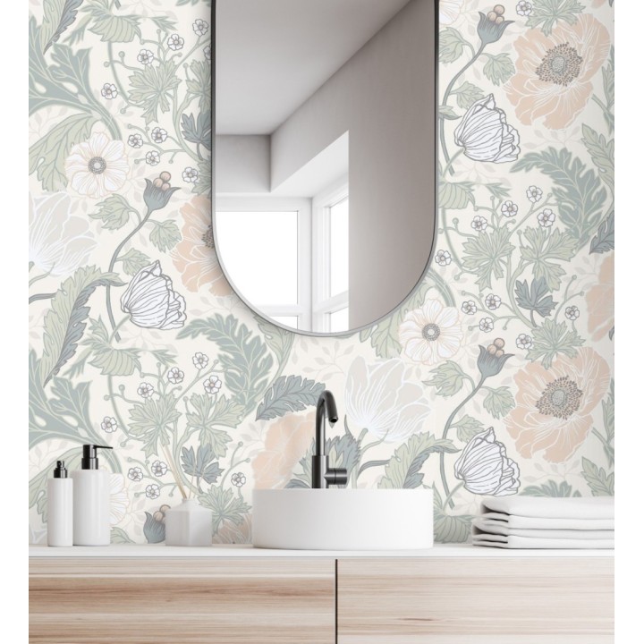 Papel pintado flores de peonías y hojas fondo beige - Romina Flowers 681813