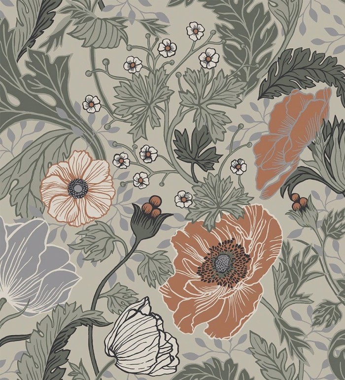 Papel pintado flores de peonias y hojas fondo beige - Romina Flowers 681814