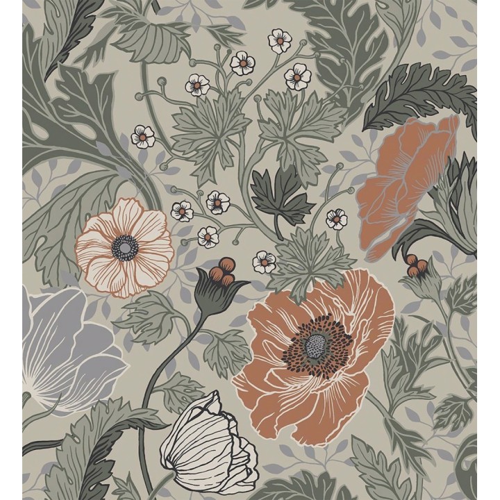 Papel pintado flores de peonias y hojas fondo beige - Romina Flowers 681814