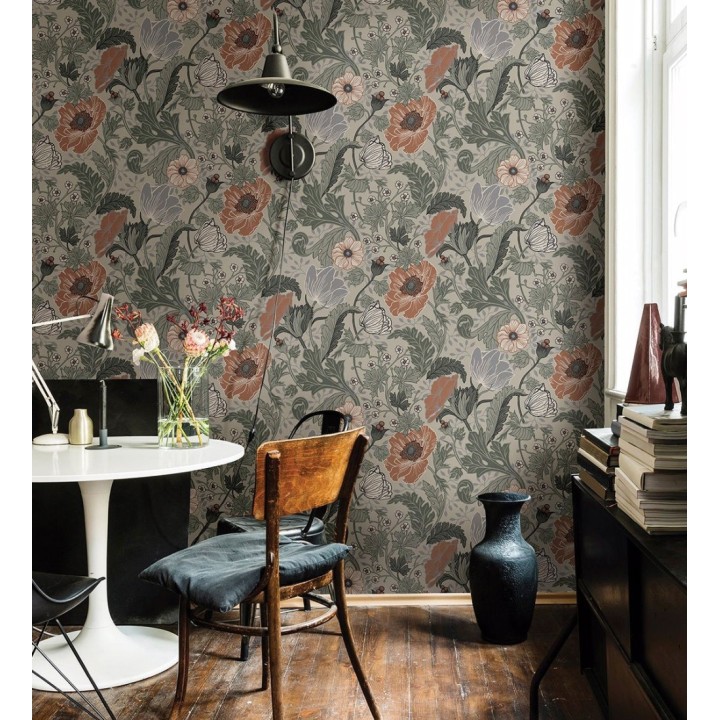 Papel pintado flores de peonias y hojas fondo beige - Romina Flowers 681814