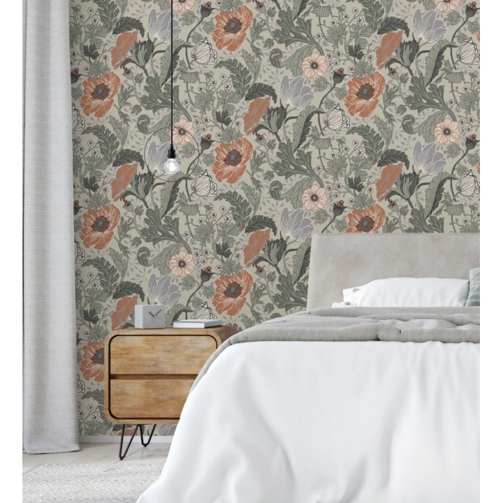 Papel pintado flores de peonias y hojas fondo beige - Romina Flowers 681814