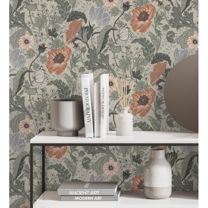 Papel pintado flores de peonias y hojas fondo beige - Romina Flowers 681814