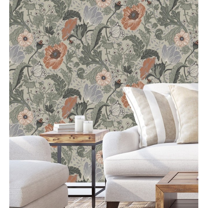 Papel pintado flores de peonias y hojas fondo beige - Romina Flowers 681814