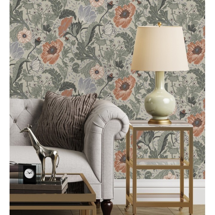 Papel pintado flores de peonias y hojas fondo beige - Romina Flowers 681814