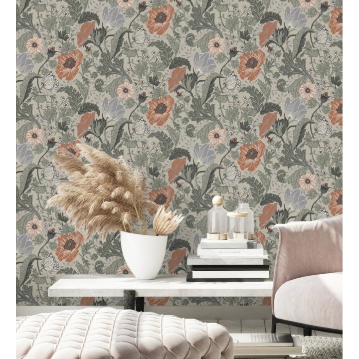 Papel pintado flores de peonias y hojas fondo beige - Romina Flowers 681814