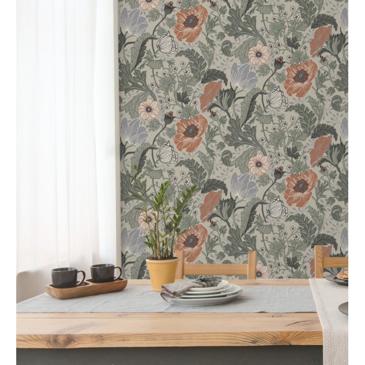 Papel pintado flores de peonias y hojas fondo beige - Romina Flowers 681814