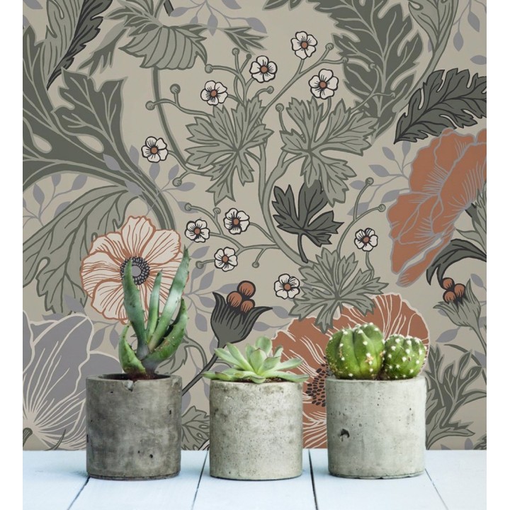 Papel pintado flores de peonias y hojas fondo beige - Romina Flowers 681814