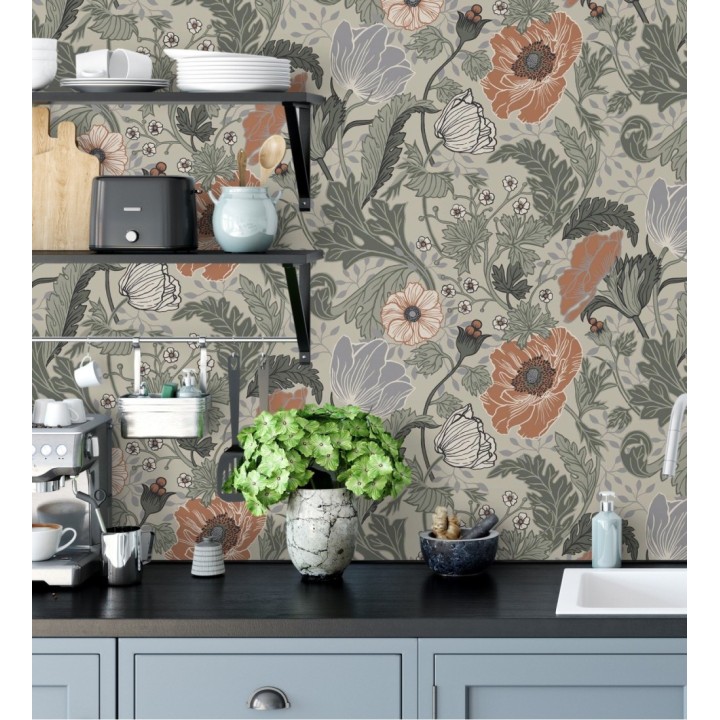 Papel pintado flores de peonias y hojas fondo beige - Romina Flowers 681814