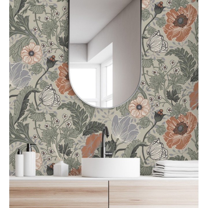 Papel pintado flores de peonias y hojas fondo beige - Romina Flowers 681814