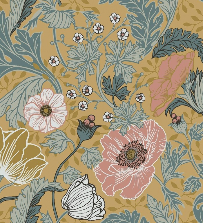 Papel pintado flores de peonías y hojas fondo ocre - Romina Flowers 681815