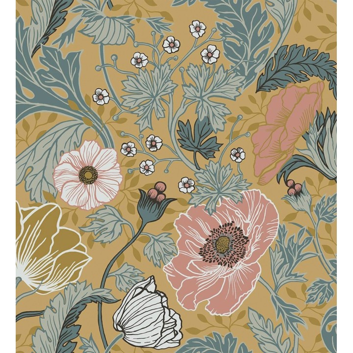 Papel pintado flores de peonías y hojas fondo ocre - Romina Flowers 681815