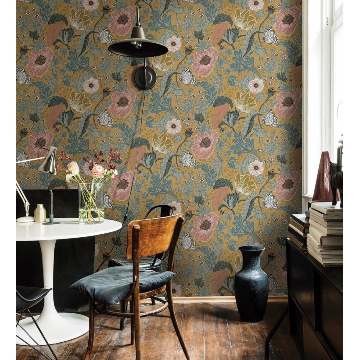 Papel pintado flores de peonías y hojas fondo ocre - Romina Flowers 681815