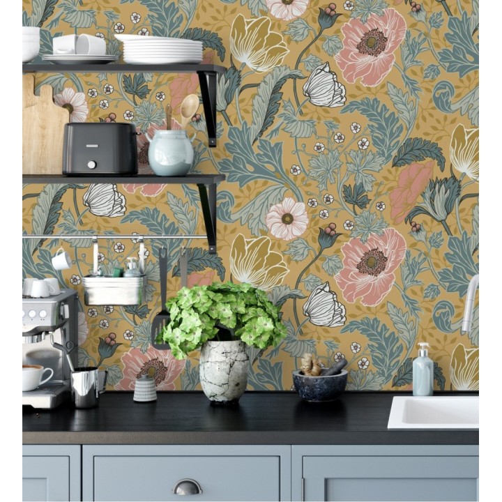 Papel pintado flores de peonías y hojas fondo ocre - Romina Flowers 681815