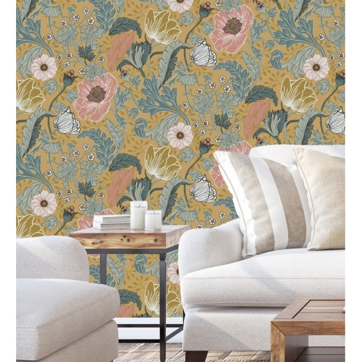 Papel pintado flores de peonías y hojas fondo ocre - Romina Flowers 681815