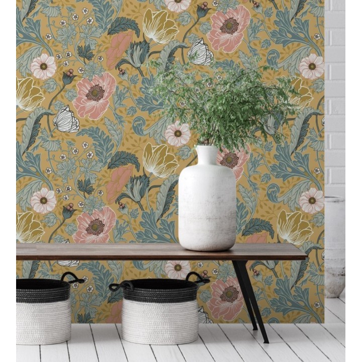 Papel pintado flores de peonías y hojas fondo ocre - Romina Flowers 681815