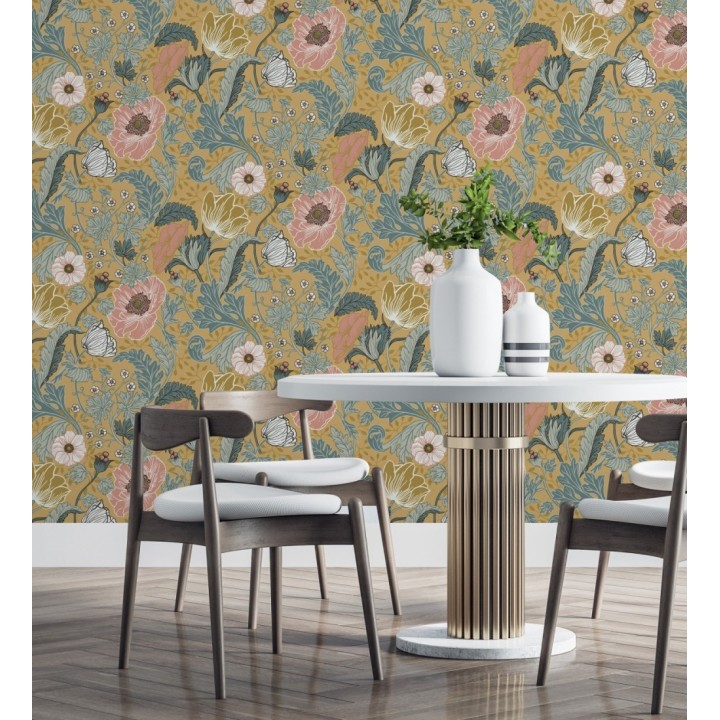 Papel pintado flores de peonías y hojas fondo ocre - Romina Flowers 681815