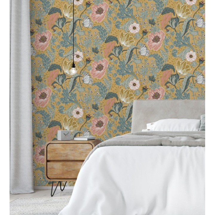 Papel pintado flores de peonías y hojas fondo ocre - Romina Flowers 681815