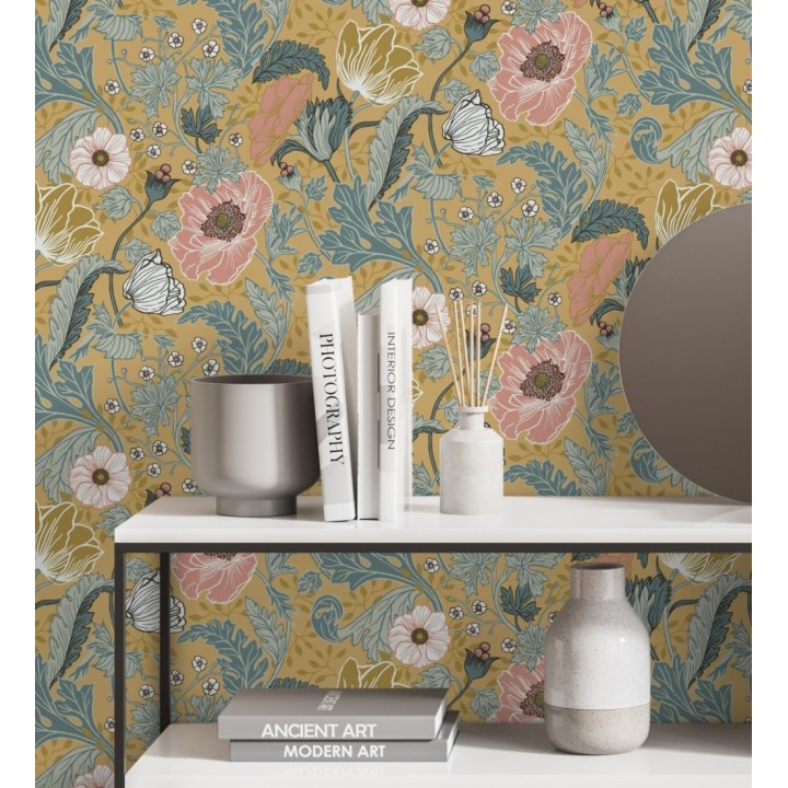 Papel pintado flores de peonías y hojas fondo ocre - Romina Flowers 681815