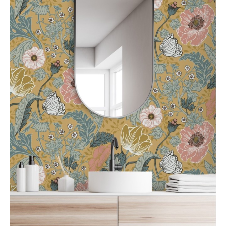Papel pintado flores de peonías y hojas fondo ocre - Romina Flowers 681815