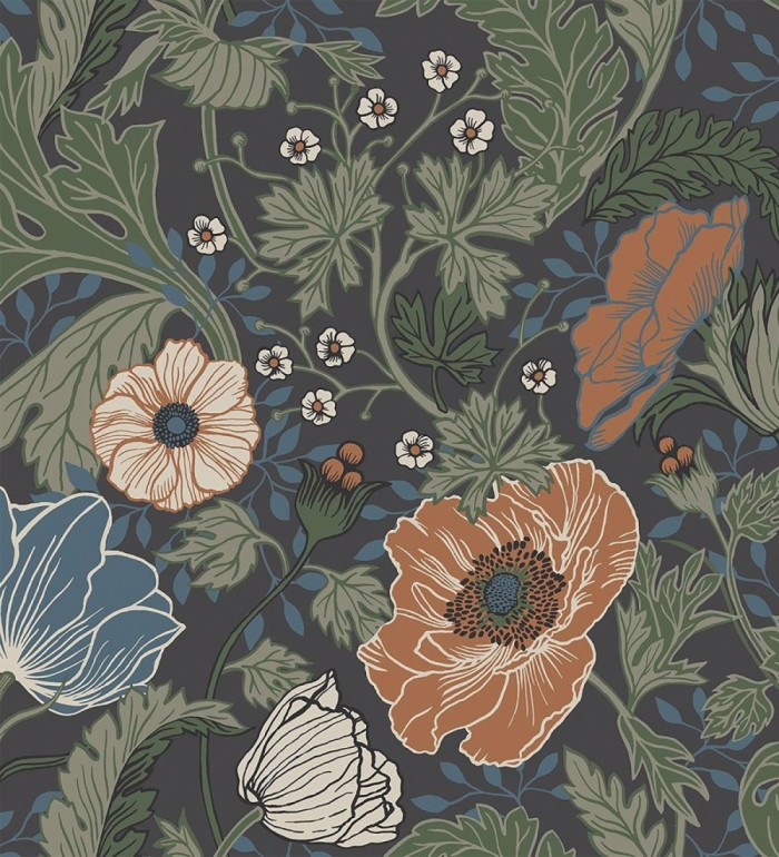 Papel pintado flores de peonías y hojas fondo oscuro - Romina Flowers 681816