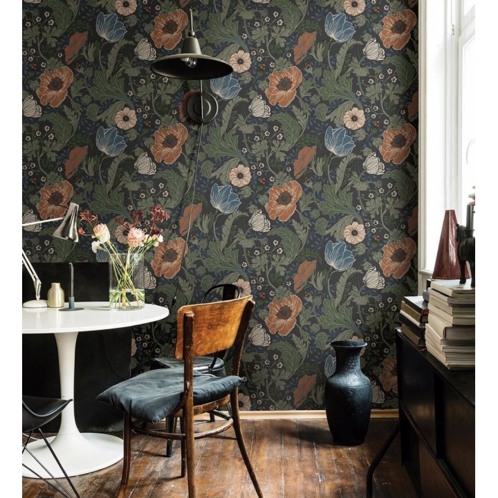 Papel pintado flores de peonías y hojas fondo oscuro - Romina Flowers 681816