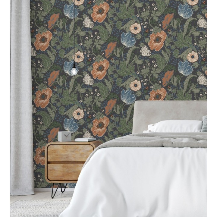 Papel pintado flores de peonías y hojas fondo oscuro - Romina Flowers 681816