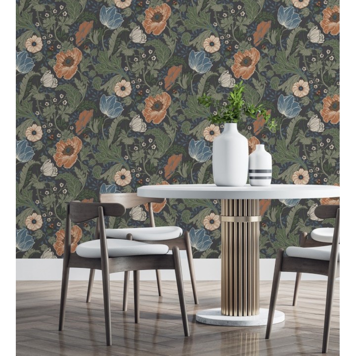 Papel pintado flores de peonías y hojas fondo oscuro - Romina Flowers 681816