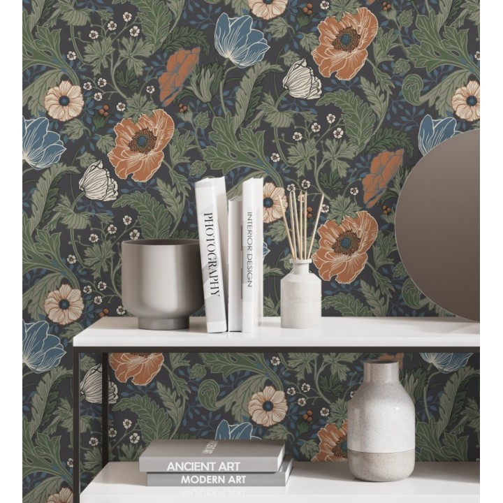 Papel pintado flores de peonías y hojas fondo oscuro - Romina Flowers 681816