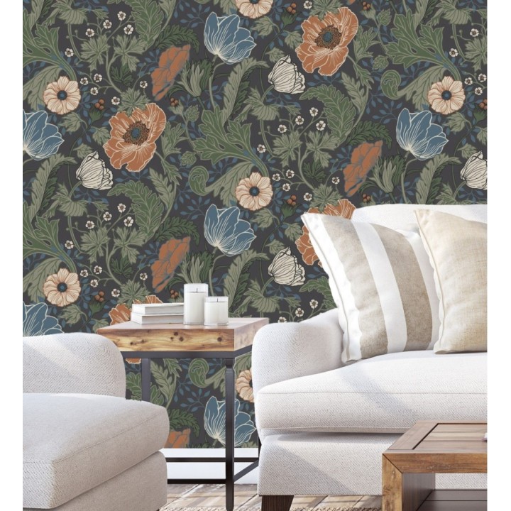 Papel pintado flores de peonías y hojas fondo oscuro - Romina Flowers 681816