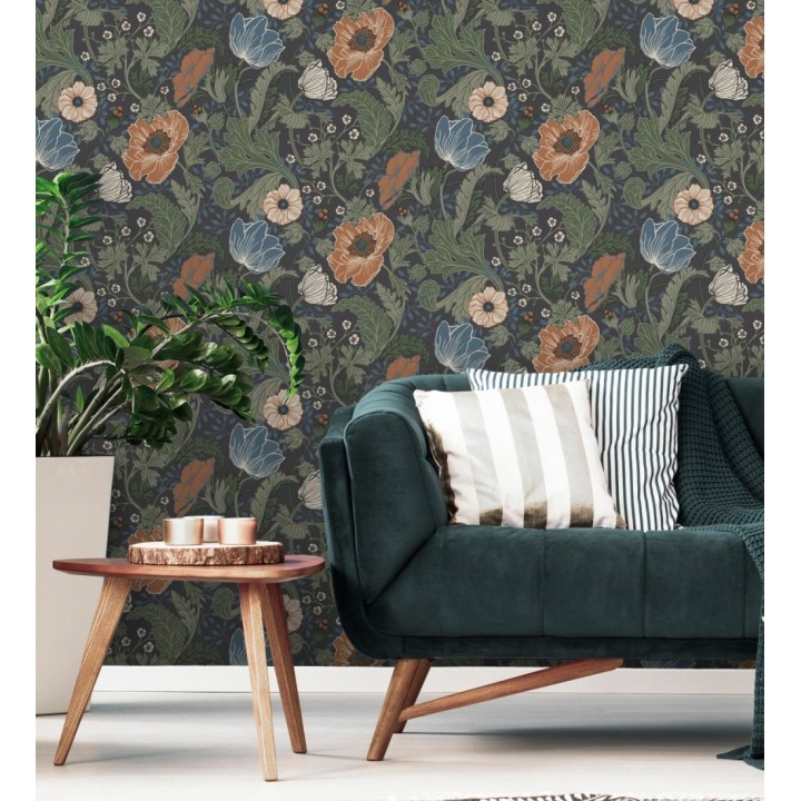 Papel pintado flores de peonías y hojas fondo oscuro - Romina Flowers 681816