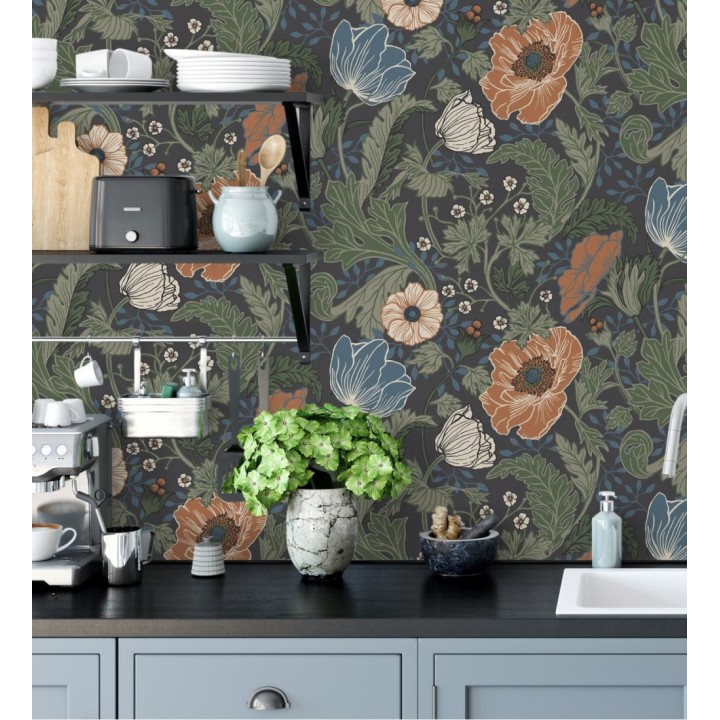 Papel pintado flores de peonías y hojas fondo oscuro - Romina Flowers 681816