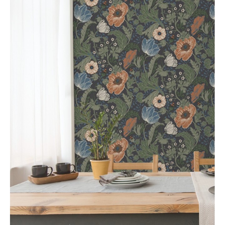 Papel pintado flores de peonías y hojas fondo oscuro - Romina Flowers 681816