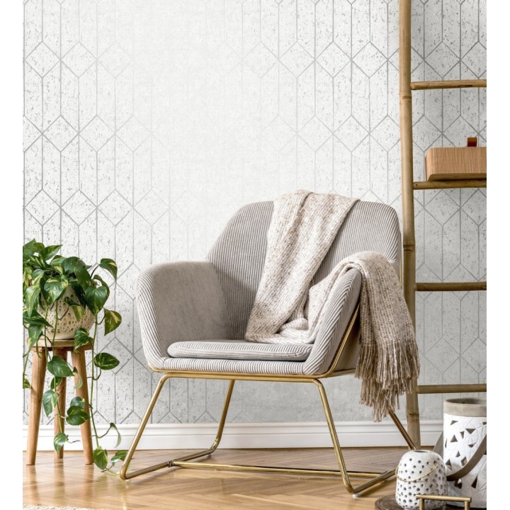 Papel pintado geométrico de líneas metalizadas fondo blanco estilo Art déco - Ameka Metric 681817