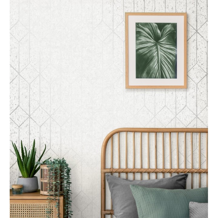 Papel pintado geométrico de líneas metalizadas fondo blanco estilo Art déco - Ameka Metric 681817