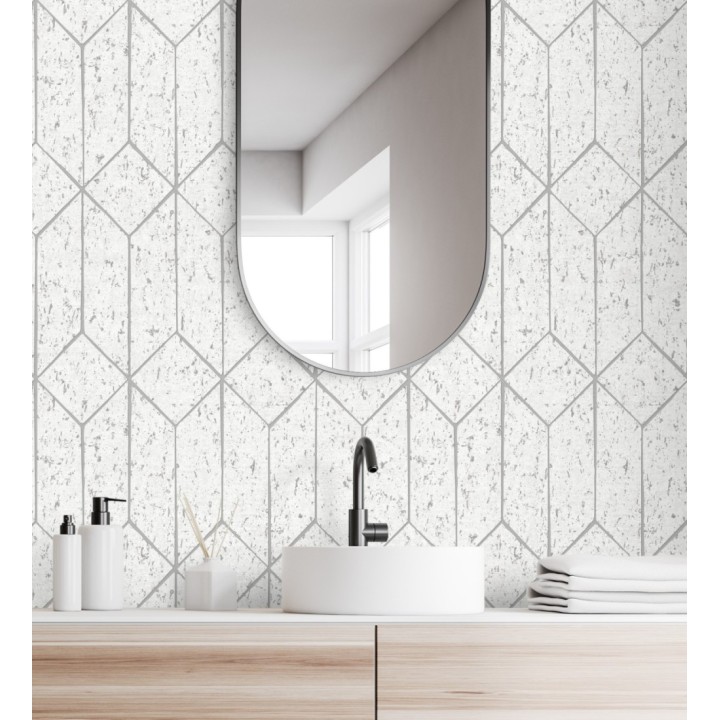 Papel pintado geométrico de líneas metalizadas fondo blanco estilo Art déco - Ameka Metric 681817