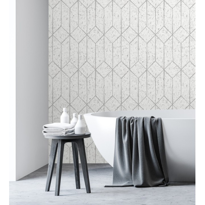 Papel pintado geométrico de líneas metalizadas fondo blanco estilo Art déco - Ameka Metric 681817