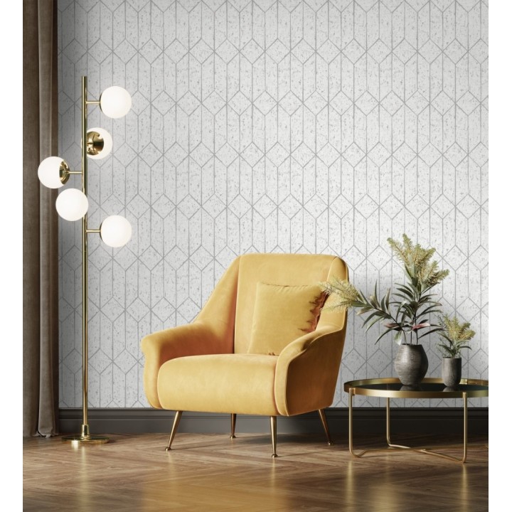 Papel pintado geométrico de líneas metalizadas fondo blanco estilo Art déco - Ameka Metric 681817
