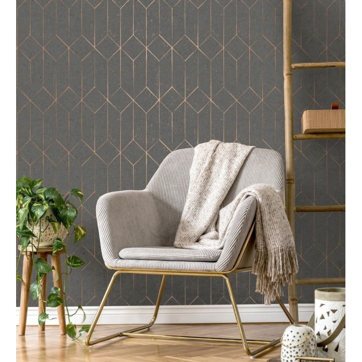 Papel pintado geométrico de líneas metalizadas gris oscuro estilo Art déco - Ameka Metric 681818