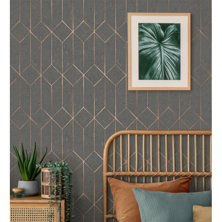 Papel pintado geométrico de líneas metalizadas gris oscuro estilo Art déco - Ameka Metric 681818