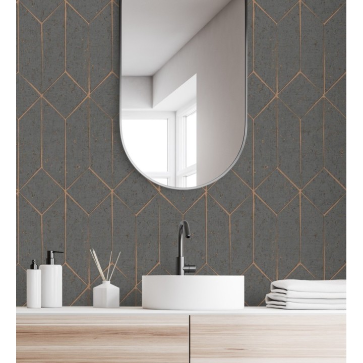 Papel pintado geométrico de líneas metalizadas gris oscuro estilo Art déco - Ameka Metric 681818
