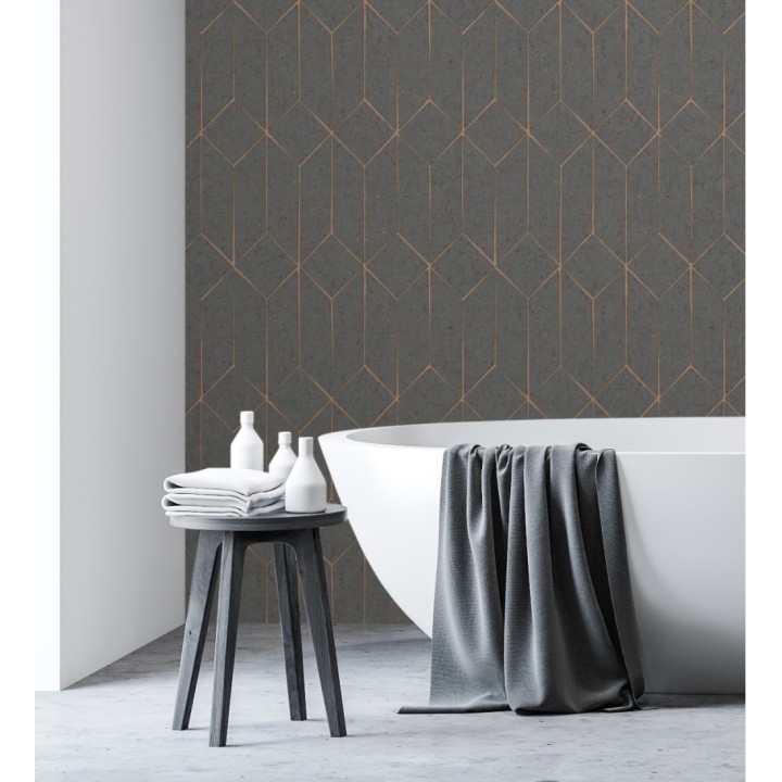 Papel pintado geométrico de líneas metalizadas gris oscuro estilo Art déco - Ameka Metric 681818